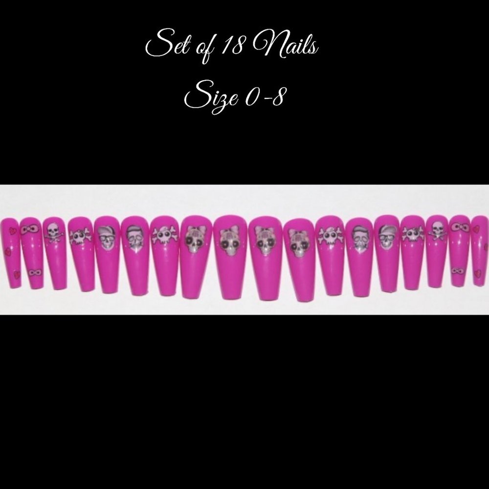 Pink with Skulls and bows- press on nail set